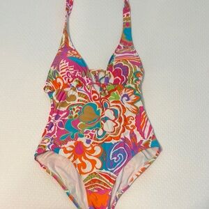Trina Turk Pink and Orange One Piece Swimsuit with Retro Print